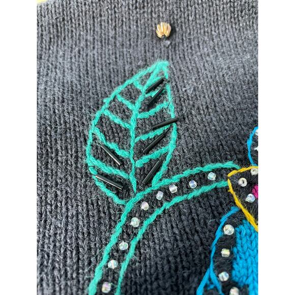 Vintage Fairy Grunge Sweater Floral Embroidered Beaded Fringe Bells Granny Large - Picture 8 of 10